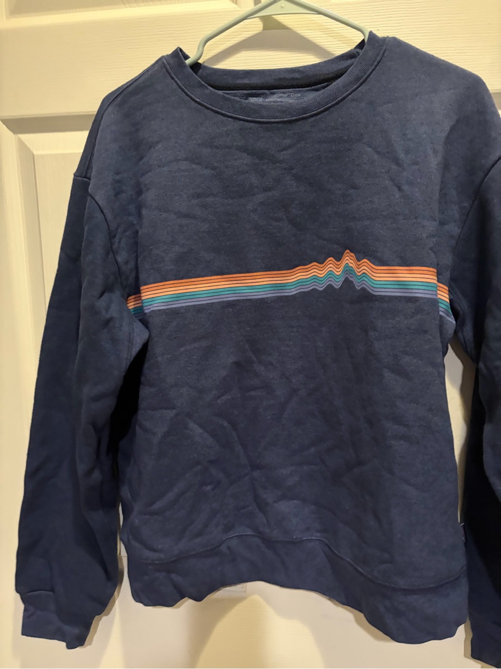 Patagonia Navy uprisal Crewneck Sweatshirt with rainbow Chest Stripe
